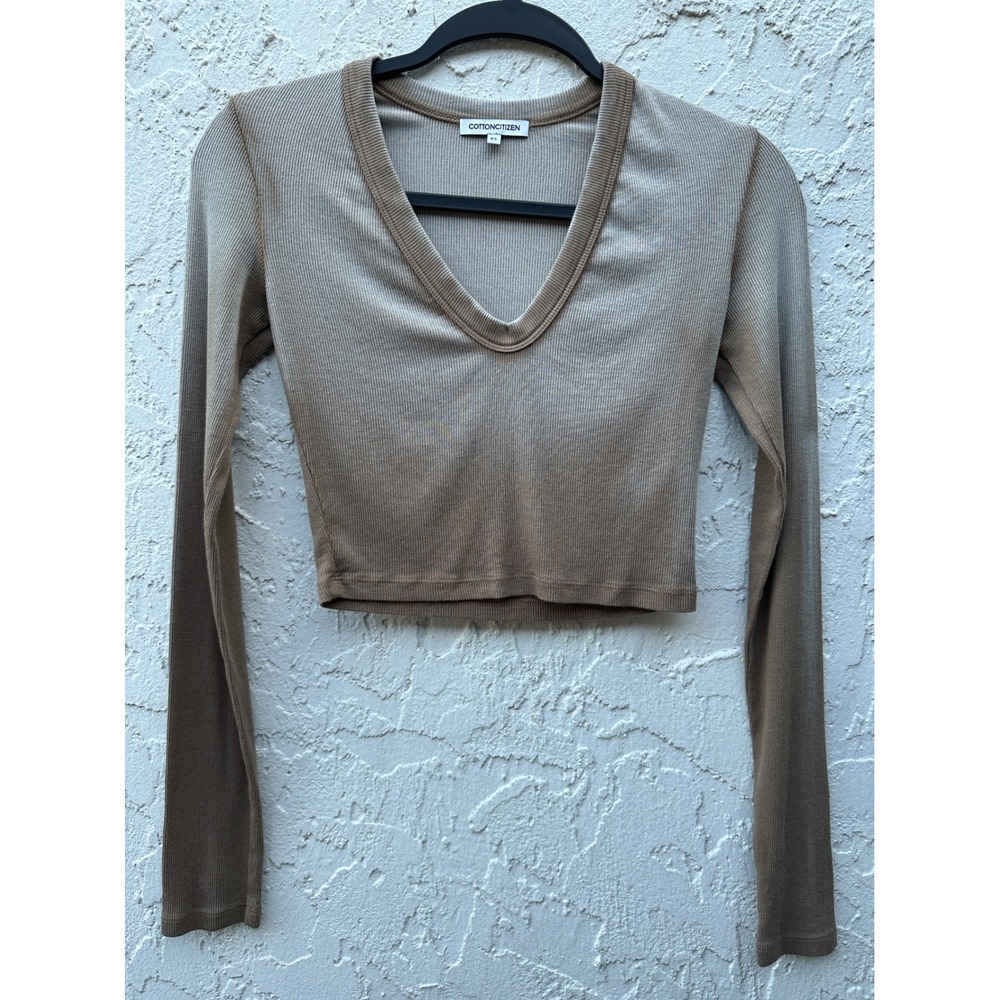 Cotton Citizen Womens XS‎ V-Neck Ribbed Crop Top Long Sleeve Tan Brown Ombre